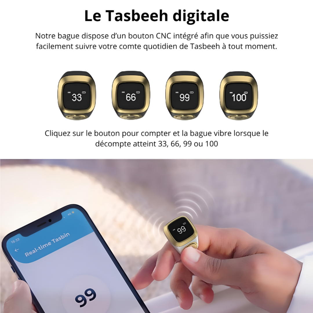 Bague Numérique Musulmane – Compteur de Tasbeeh avec Connectivité à l'Application iQibla